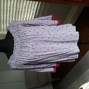 Blue and White Striped Blouse with Red Pom Pom details
